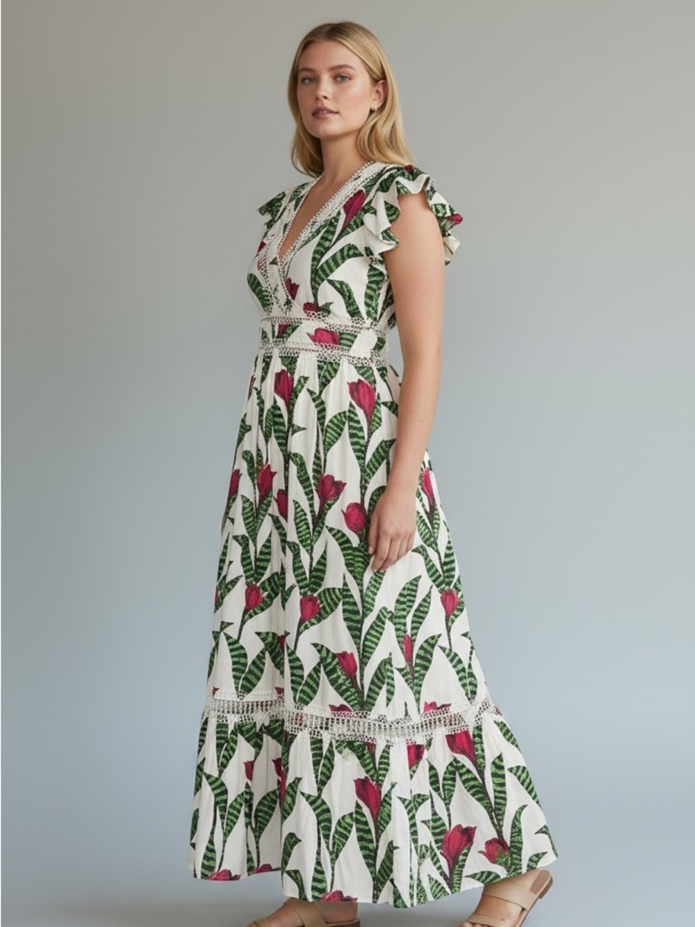 Floral Leaf V-Neck Maxi Dress  White & Green with Pink Accents Layered with Love